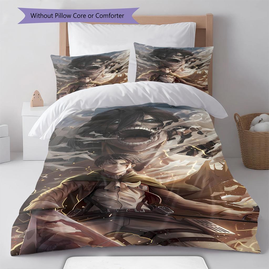 Attack on Titan Pattern Bedding,Quilt Set Quilt Cover Pillowcase Home Birthday Gift (1 * duvet cover + 2 * pillowcase, without core)