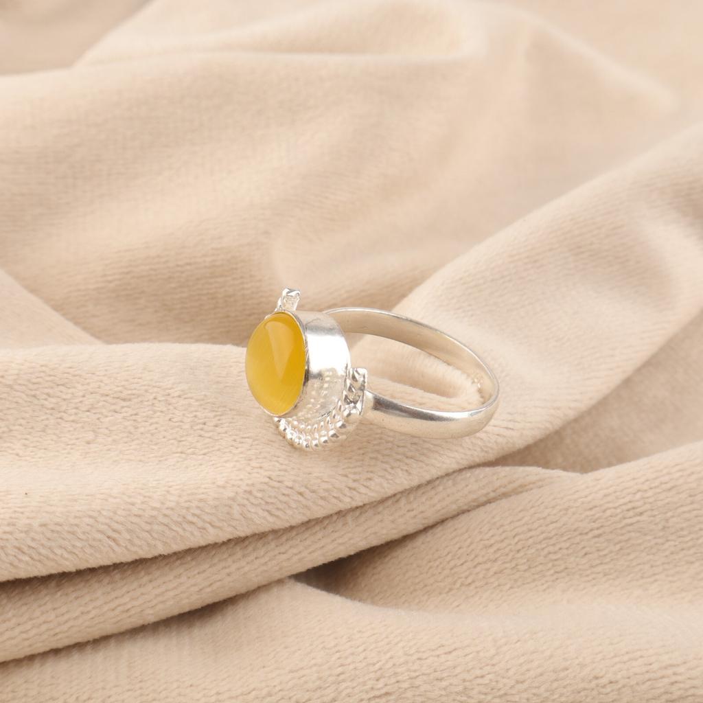 Natural Yellow Cat's Eye Gemstone 925 Sterling Silver Handmade Jewelry Ring Gift RR-48-38