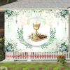 Watercolor Eucalyptus Communion Tapestry, 2D Printed with Chalice, Cross and Doves for Baptism Decor