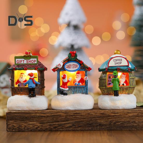 Weihnachtsdorfhaus-Ornamente im Winter, Mini-Lichter-Weihnachtsladen mit Weihnachtsmann, Harz-Desktop-Figur, Urlaubs-Wohnkultur
