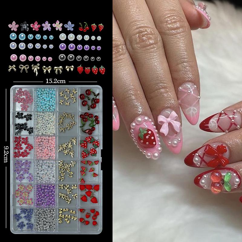 24 Grids, Mixed Nail Decoration Accessories, Rhinestones, Pearls, Beads, Bowknot, Nail Art Jewelry, DIY Tools