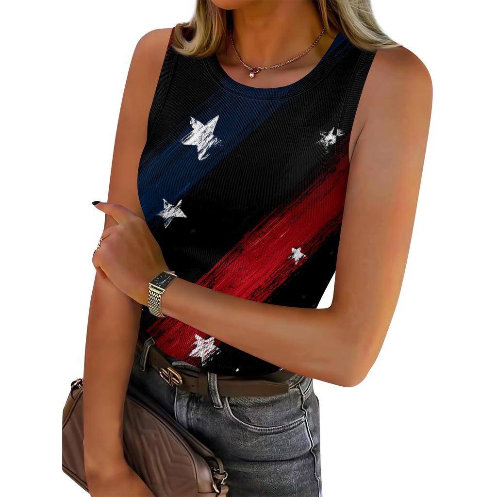 Women's Summer Fashionable Casual Independence Day Printed Round Neck Sleeveless Top Fitted Vest