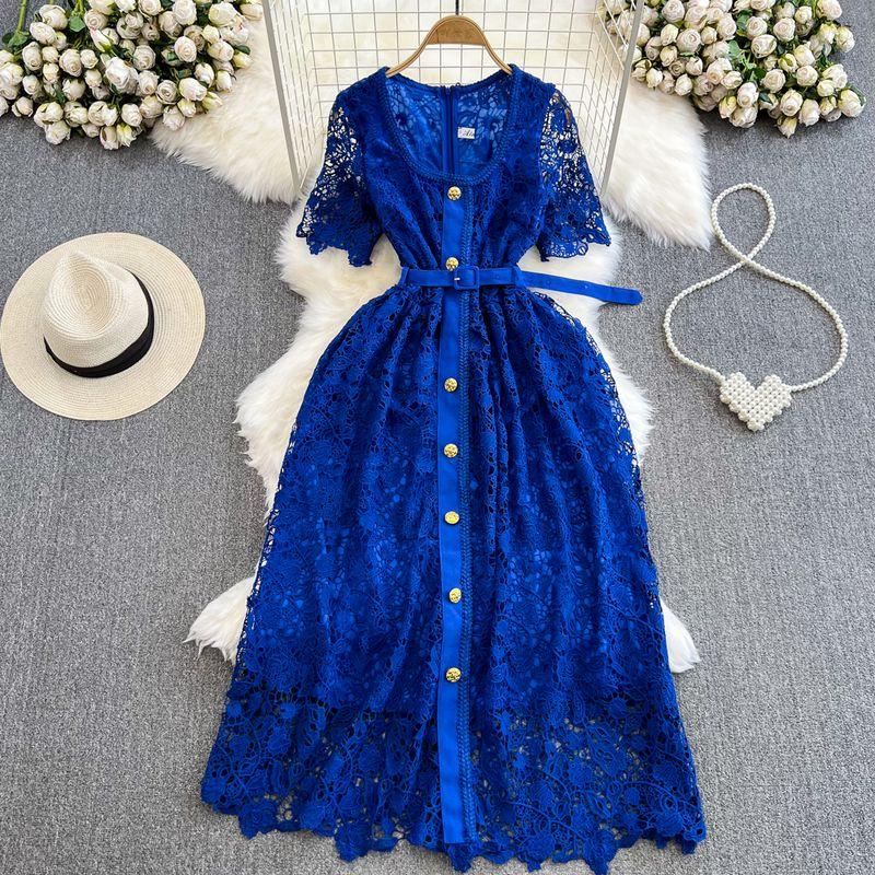 

Single-Breasted Water Soluble Lace Dress Elegant Short Sleeve Blue S