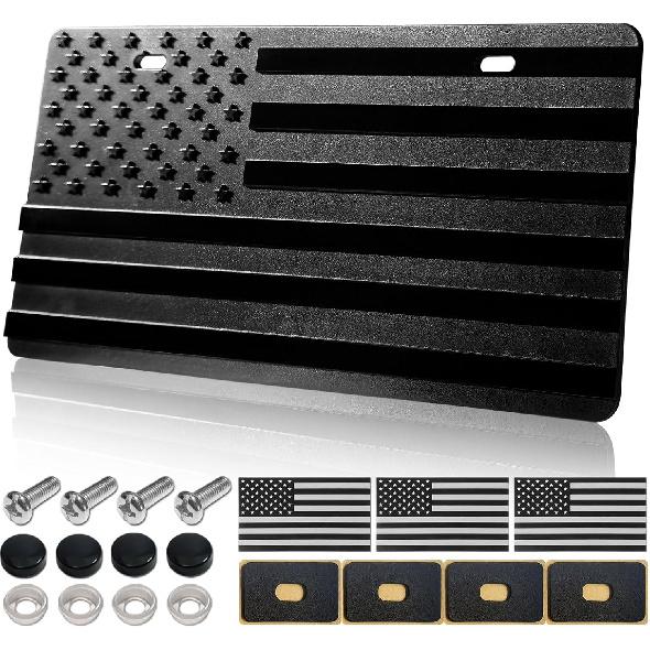 American Flag License Plate For Front Bumper, Black Thick ABS Plastic Car Tag Plate With 3D Embossed USA Flag Pattern, With Screws, Patriotic Decals