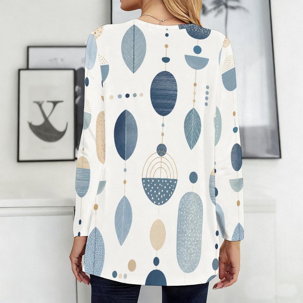 Women Plus Size Round Neck Long Sleeve Geometric Printed Loose Longline T Shirt With Pockets