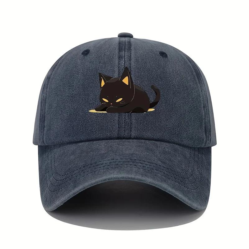 Retro Style Black Cat Printed Baseball Cap with Adjustable Sun Protection, Suitable for All Seasons, Casual Headwear
