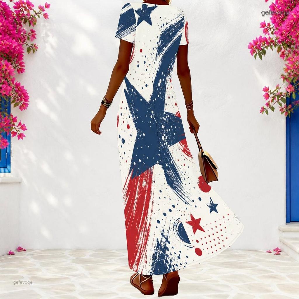 Women Plus Size V Neck Short Sleeve Maxi Dress Star Printed Red White Blue