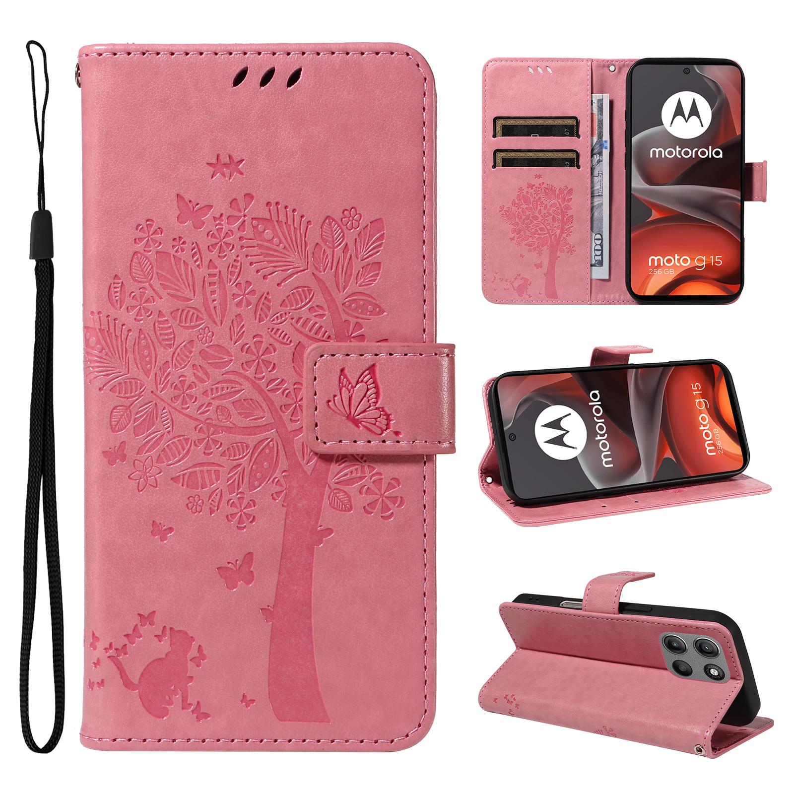 

For Motorola Moto G15 4G Phone Case with Stand Cat Tree Pattern Leather Wallet Mobile Cover Pink