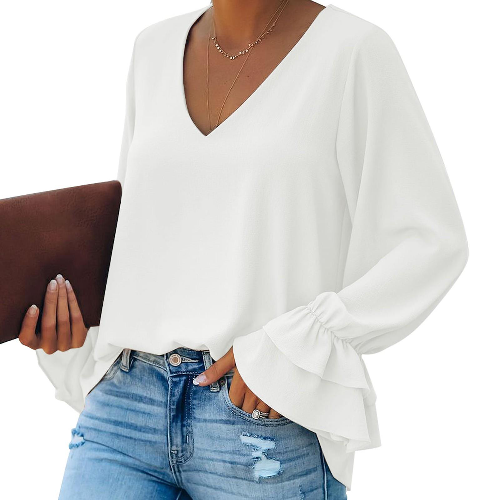 

Женские базовые рубашки с V-образным вырезом и длинными расклешенными рукавами Блузки L