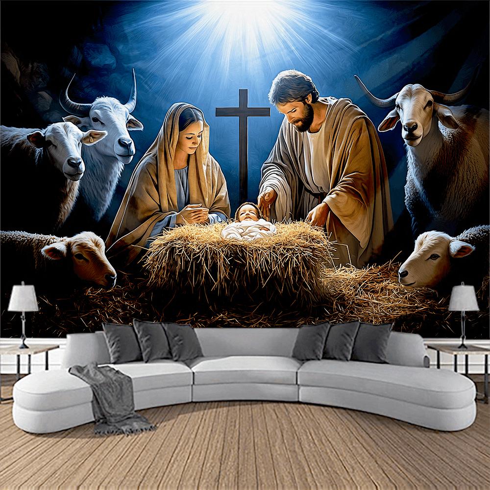 Jesus Nativity Tapestry Wall Hanging Baby Jesus Mary Joseph Manger Scene Religious Christmas Decor For Living Room Bedroom Home