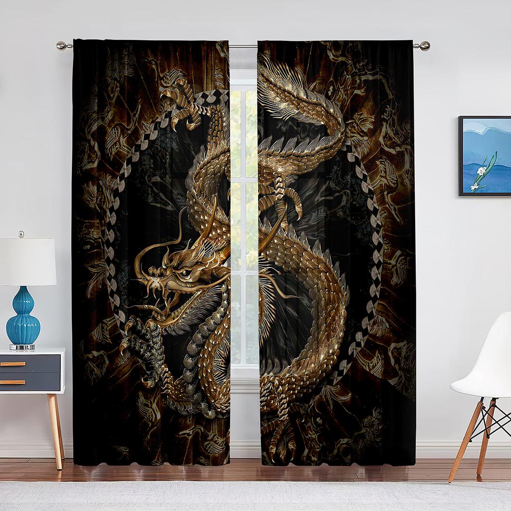 Two Golden Dragon On Red Background Sheer Voile Curtain for Living Room Bedroom Kitchen Transparent Tulle Curtain Window Drape