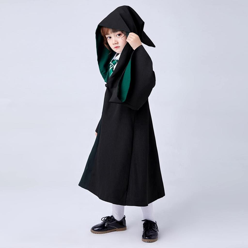 Formemory Halloween Costume Complete Includes and Magic Wand and Lights Unisex Cosplay Magic Wand Size Set, 4-Piece Set, Green, Robe, Necktie, Scarf,