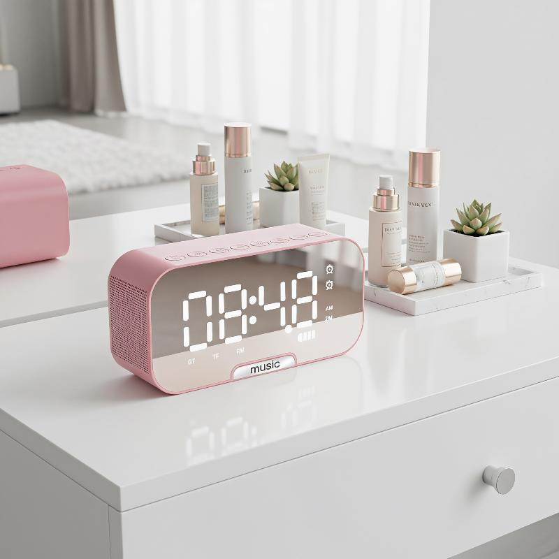 Digital Mirror Surface Alarm Clock With Bt Speaker Fm Radio Dual Alarms Electronic Desktop Clock Rechargeable Portable Player