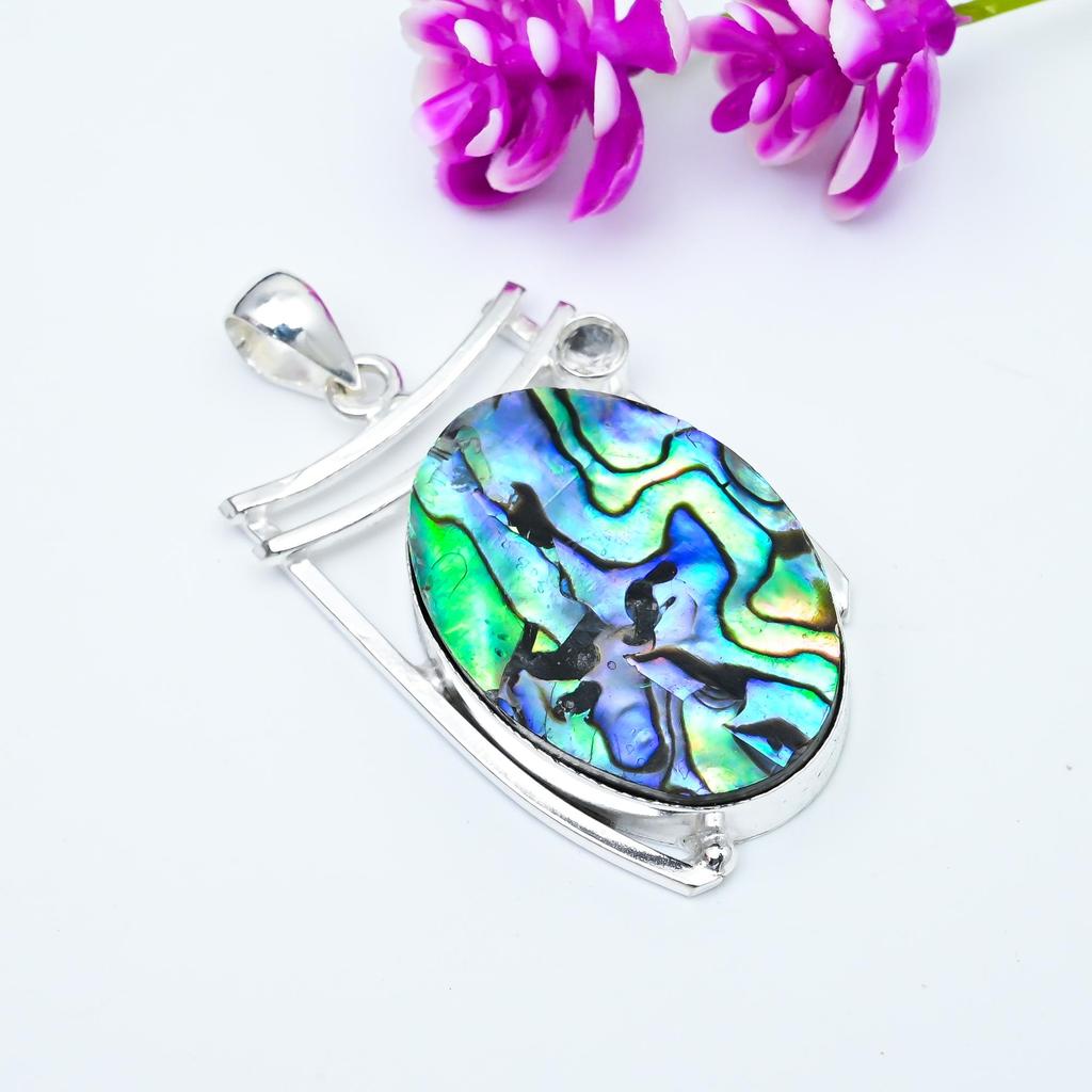 Abalone Shell, White Topaz 925 Solid Sterling Silver Pendant, Handmade Gemstone Pendant Jewelry, Gifts For Wife Brand New Pendant