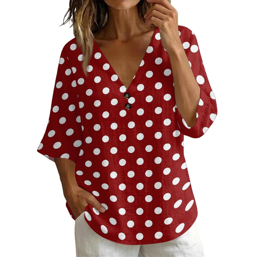 Women's Vintage Floral Print V-Neck T-Shirt - Loose Fit Short Sleeve Blouse, Faux Cotton-Linen Fabric