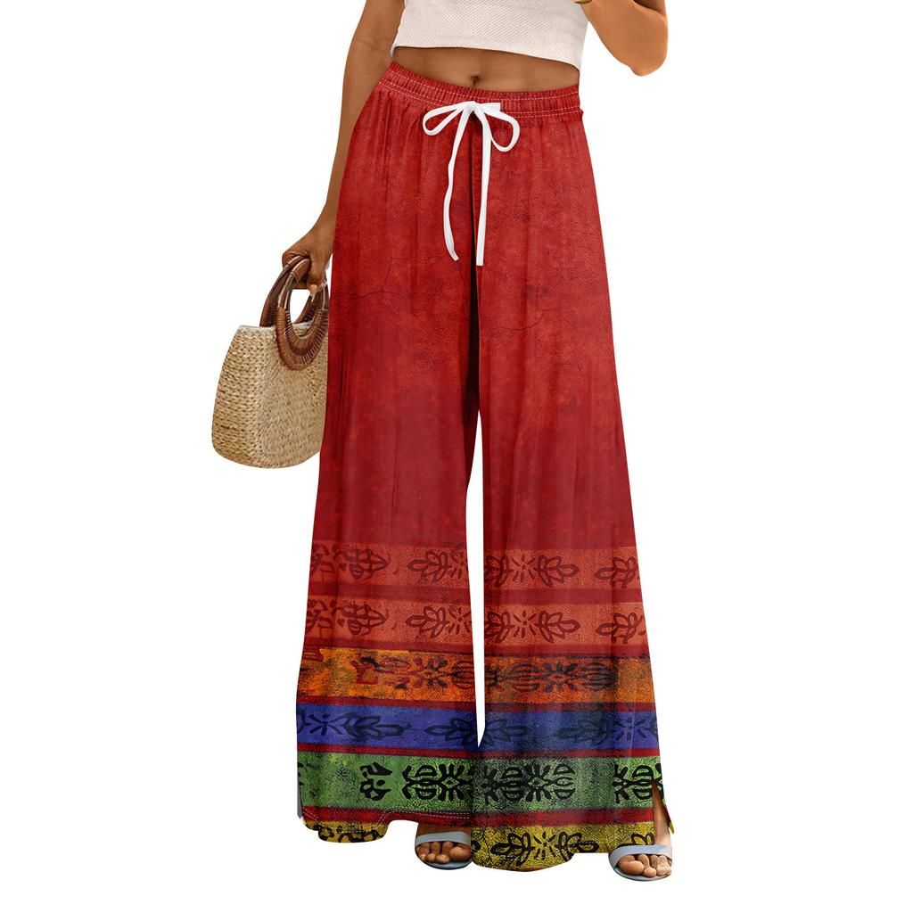 Women Summer Boho Palazzo Pants High Waist Wide Leg Floral Printing Casual Trousers With Pockets