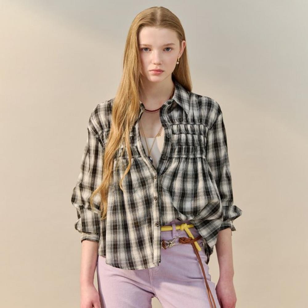 Maxza Check Shirring Cotton Shirt Blouse Zf05qb002nh