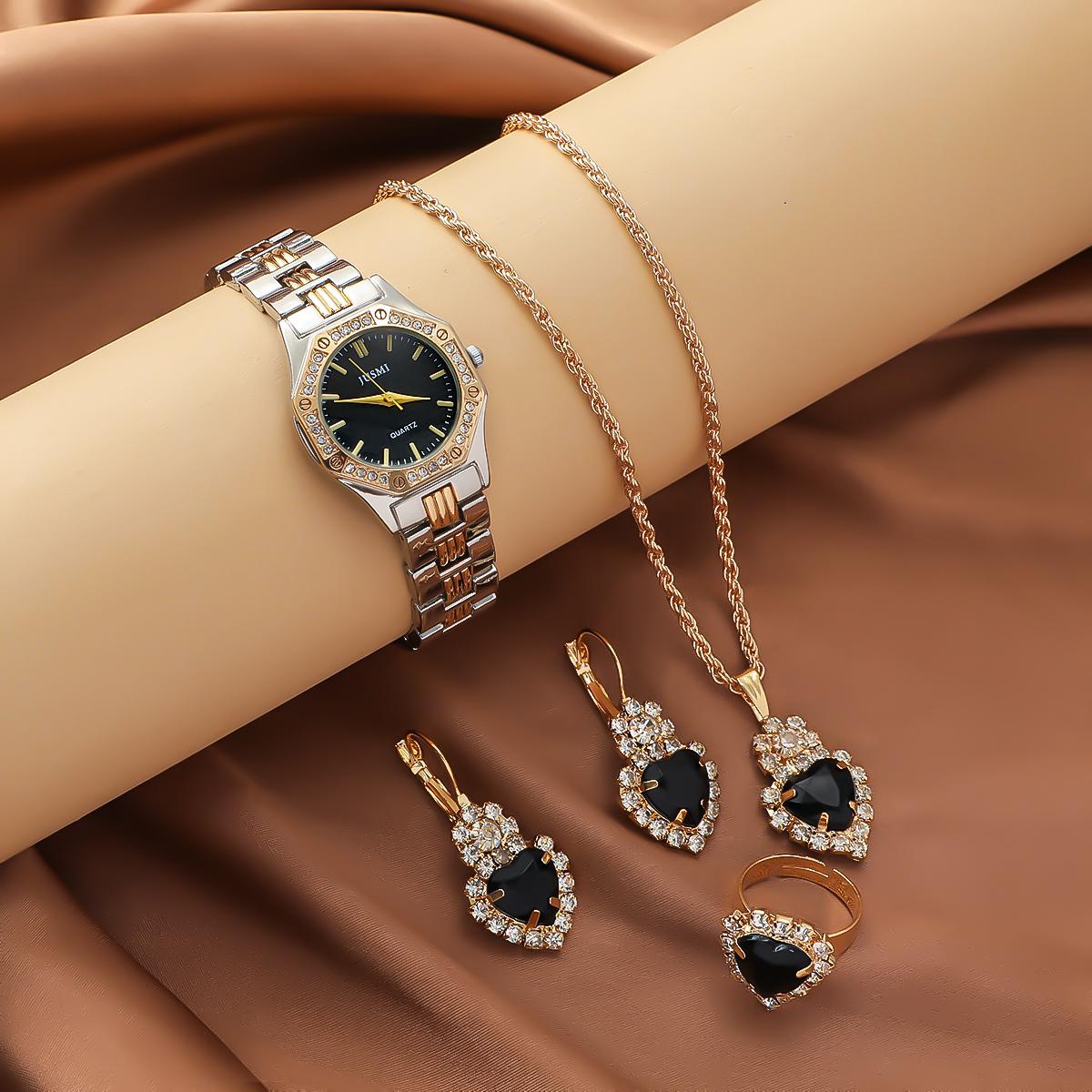 

Five piece set of diamond studded luxury wristwatch and women s watch with heart-shaped accessories without gift box разноцветный