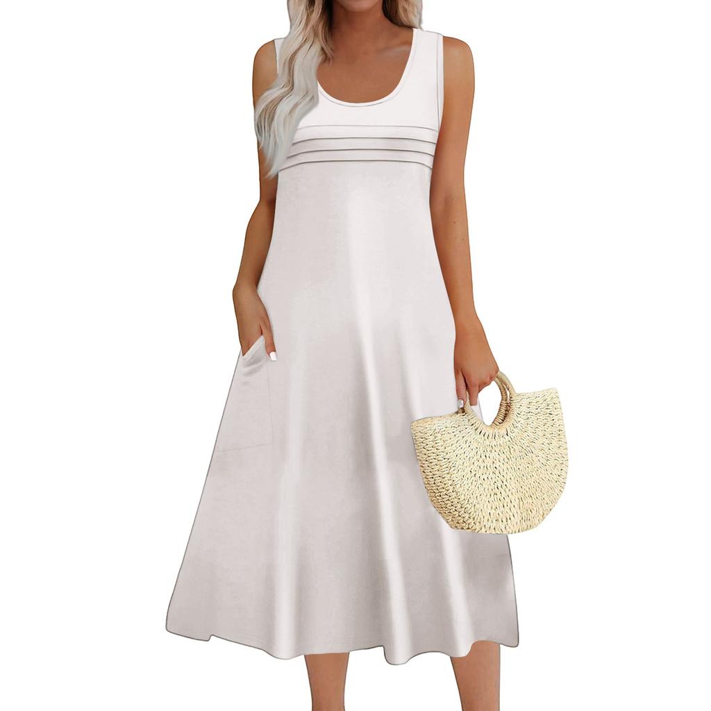 Women's Fashion Round Neck Sleeveless Pleated Beach Dress With Pockets Long Solid Color Dresses