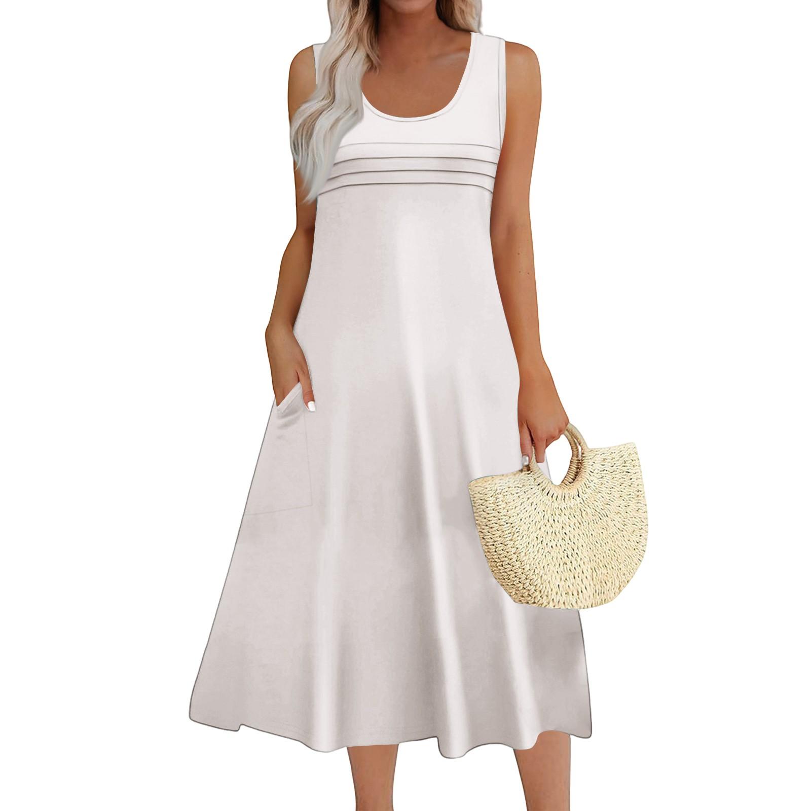 

Женское модное круглое воротничковое безрукавное плиссированное пляжное платье с карманами длинные однотонные платья XL белый