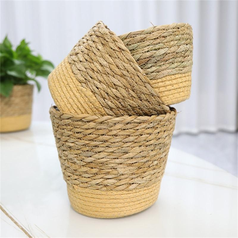 Straw Weaving Plant Pots Containers Hand Woven Plant Pots Cover Leak-Proof Garden Pots Container for Indoor Outdoor Garden