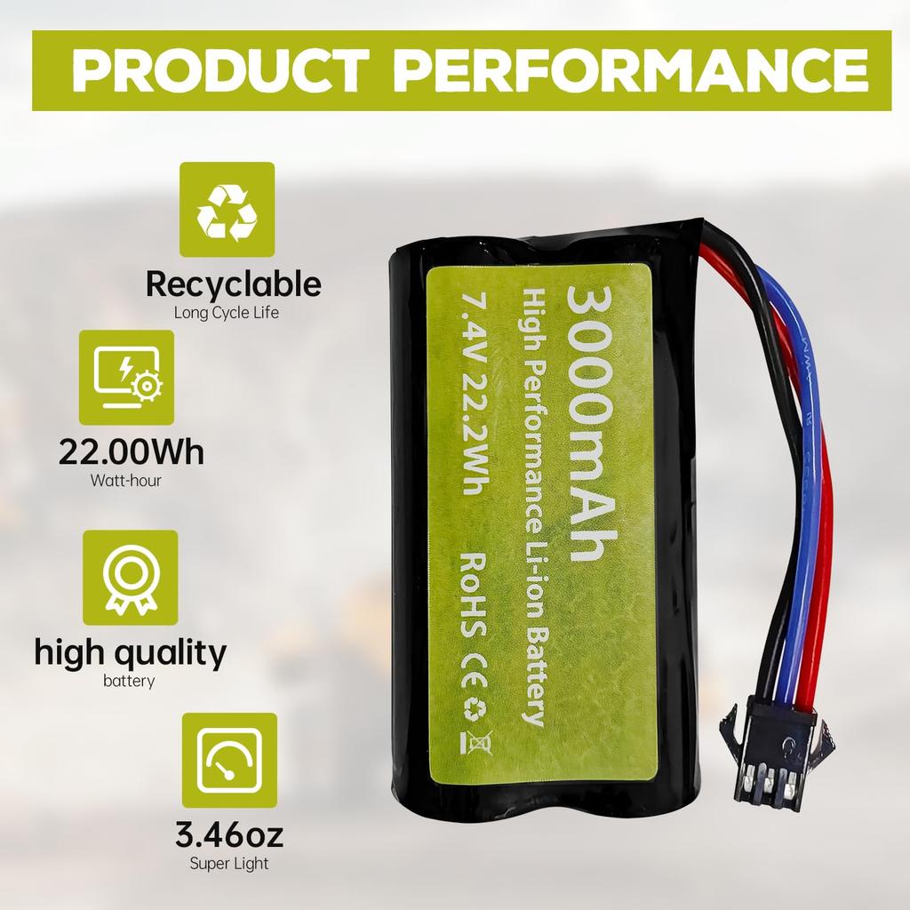 2PCS 7.4V 3000mAh 15C 2S Li-ion Battery with SM-3P Plug and USB Charging Cable for DE43, DE60, 9500E, Huina 1575 Remote Control Engineering Car, and