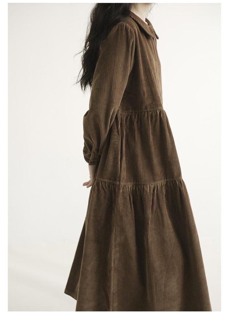 Japanese Style Corduroy Doll Collar Autumn A-Line Long-Sleeve Dress