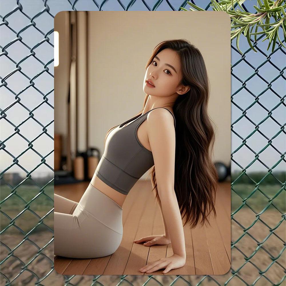 

HD Metal Tin Sign Elegant Asian Woman in Gray Yoga Outfit Posing in Modern Fitness Studio Vintage Wall Art Decor for Bedroom Bar 20x30cm（7.8x11.8inch）