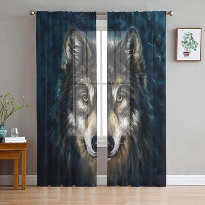 Arte Animal Cabeça de Lobo Pelúcia Cortinas Transparentes Sala de Estar Janela Cortinas de Tule Para Quarto Cozinha Decoração de Casa Cortinas Voile