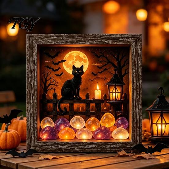 DIY Memory Box Display Lighted Halloween Ghost Shadow Kit, Wooden Frame LED Warm Light, Gothic Decorative Lamp with Crystal Glass Panel, Night