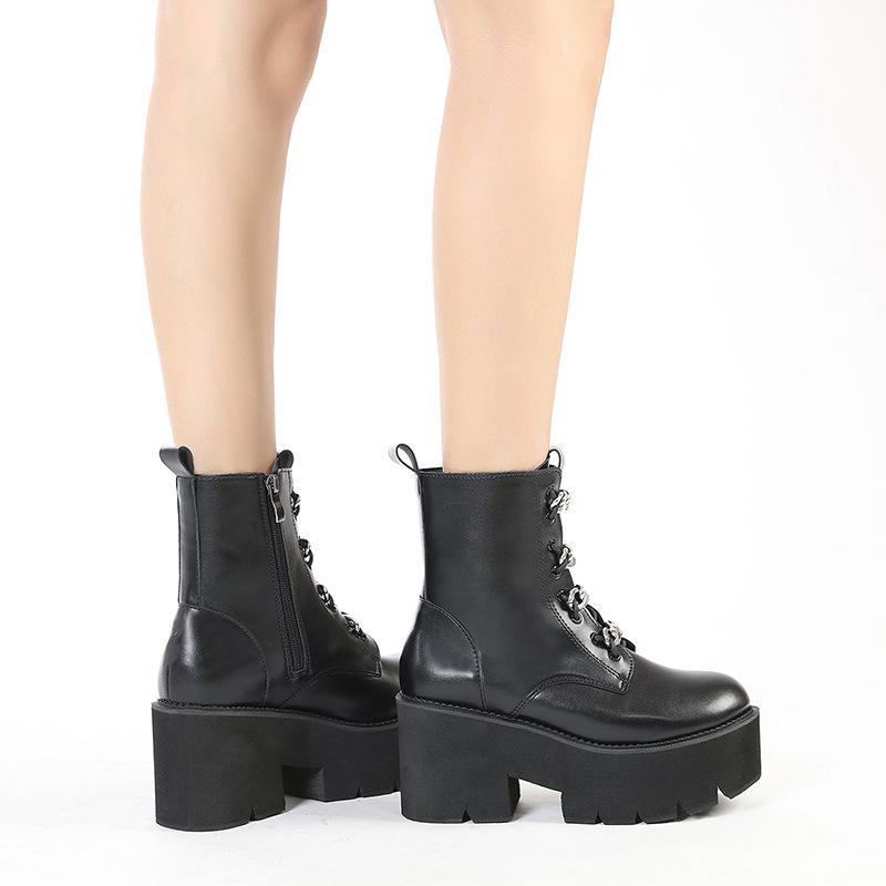 Martin-Stiefel mit dickem Absatz und dicker Sohle, beliebt, Damenstiefel mit vorderem Metallriemen, Reißverschluss an der Seite, Damen-Kurzstiefel mit dicker Sohle