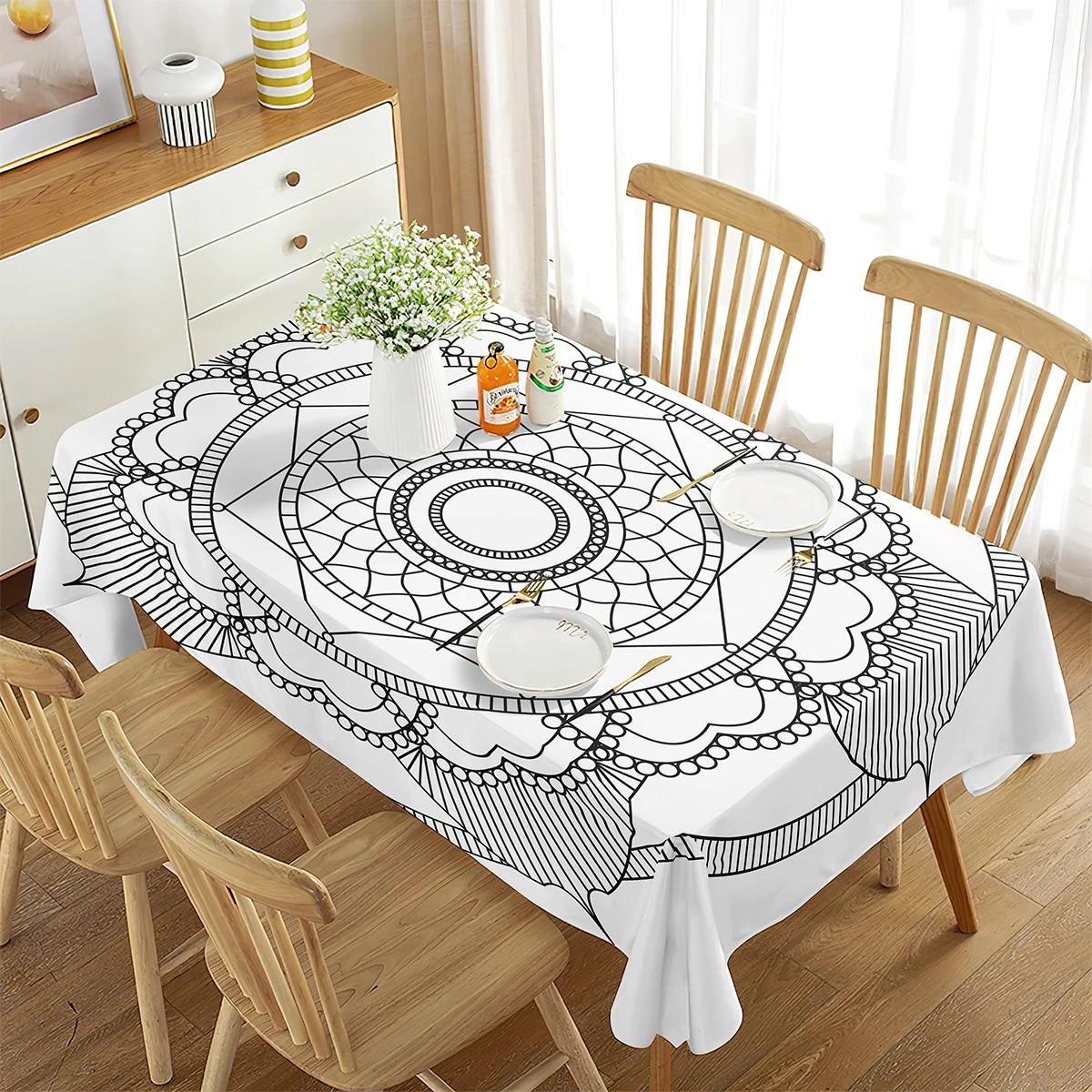 Tafelkleed Tribale Mandala Tibetaans Motief met Bloemen Geometrische Kunst Eetkamer Keuken Rechthoekig Tafelkleed Blauw Groen Zwart 70x70cm