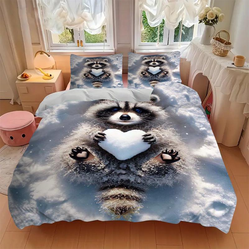 3pcs Raccoon Heart Snowflake Bedding Set - Includes One Quilt Cover and Two Pillowcases (No Core) - Anime Cartoon Design, Polyester Fabric,