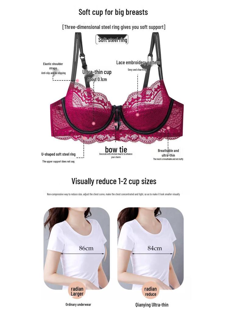 Red Lace Lingerie Set, Ultra-Thin Push-Up Bra, Flattering for Larger Busts, Pure Desire