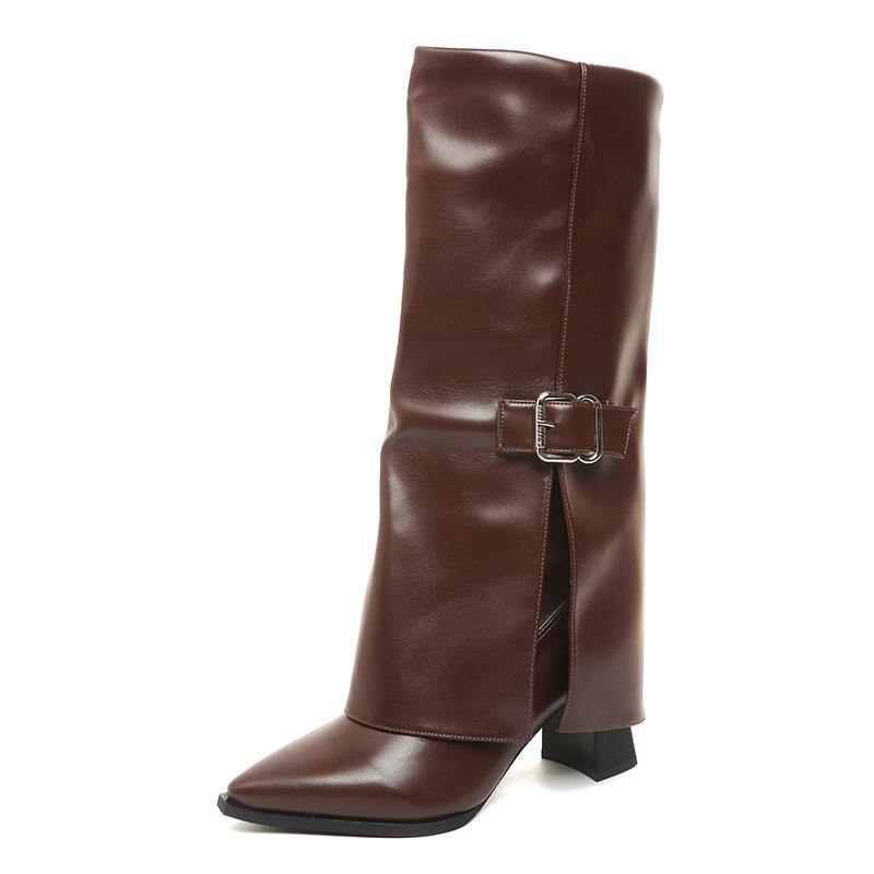 Damen Langstiefel Mode Hohe Absätze Spitze 2026 Designer Kniehohe Lederschuhe Metallschnalle Damen Mujer Botas