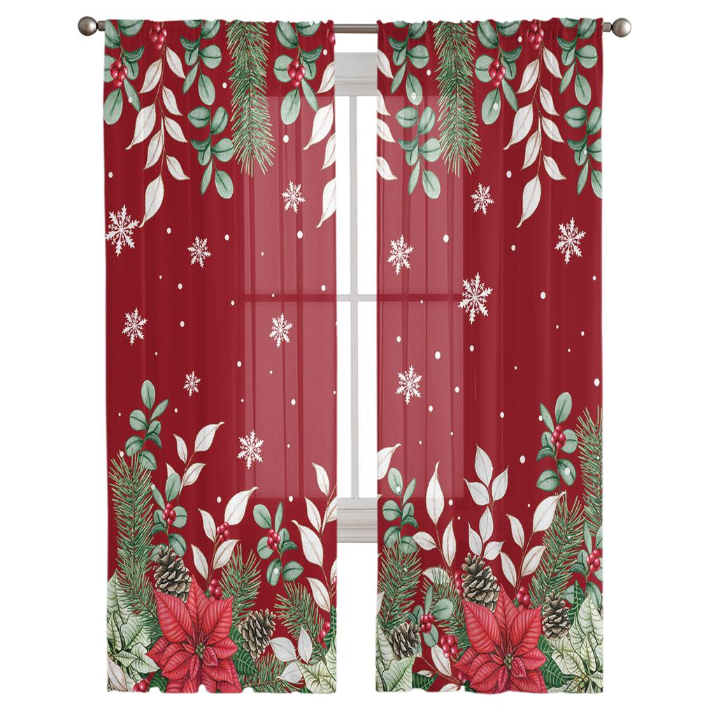 Weihnachtsstern Eukalyptusbeeren Gardinen für Kinderzimmer Schlafzimmer Wohnzimmer Voile Vorhänge Weihnachten Küche Tüll Vorhang