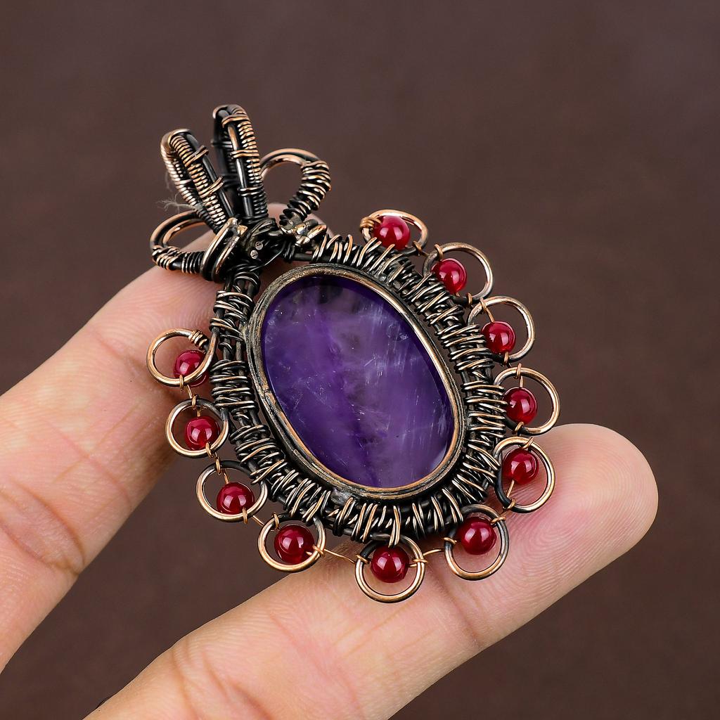 Natural Amethyst, Garnet Gemstone Handmade Copper Wire Wrap Pendant 2.56" E3H41