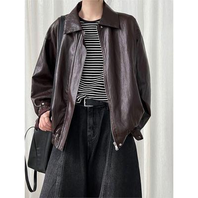 Veste de moto mode rétro américaine pour femme, automne, décontractée, ample, polyvalente, en cuir PU