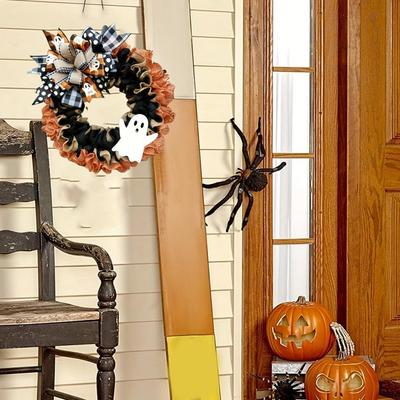 Happy Halloween Decorations Rustic Halloween Ghost Wreath with Plaid Bow for Farmhouse Porch Decor Spooky Front Door Decoration