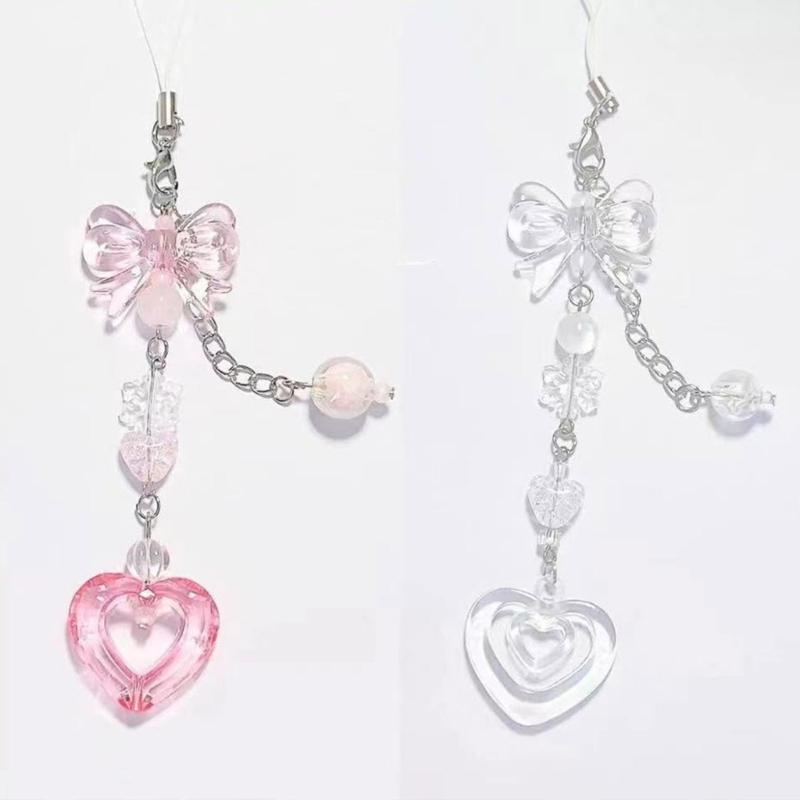 Sweet Bowknot Heart Bead Pendant Phone Straps Lanyard Pocket Keychain Strap