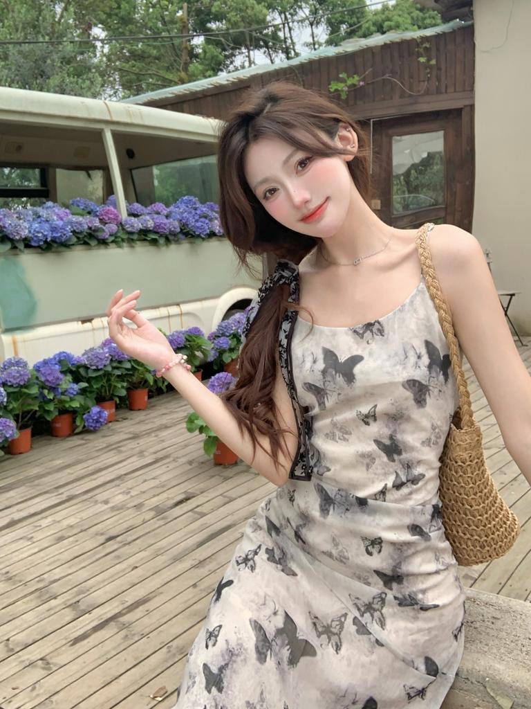 Cold Ink Butterfly Floral Suspender Dress Women, Summer New French Chic and Beautiful Temperament Dress