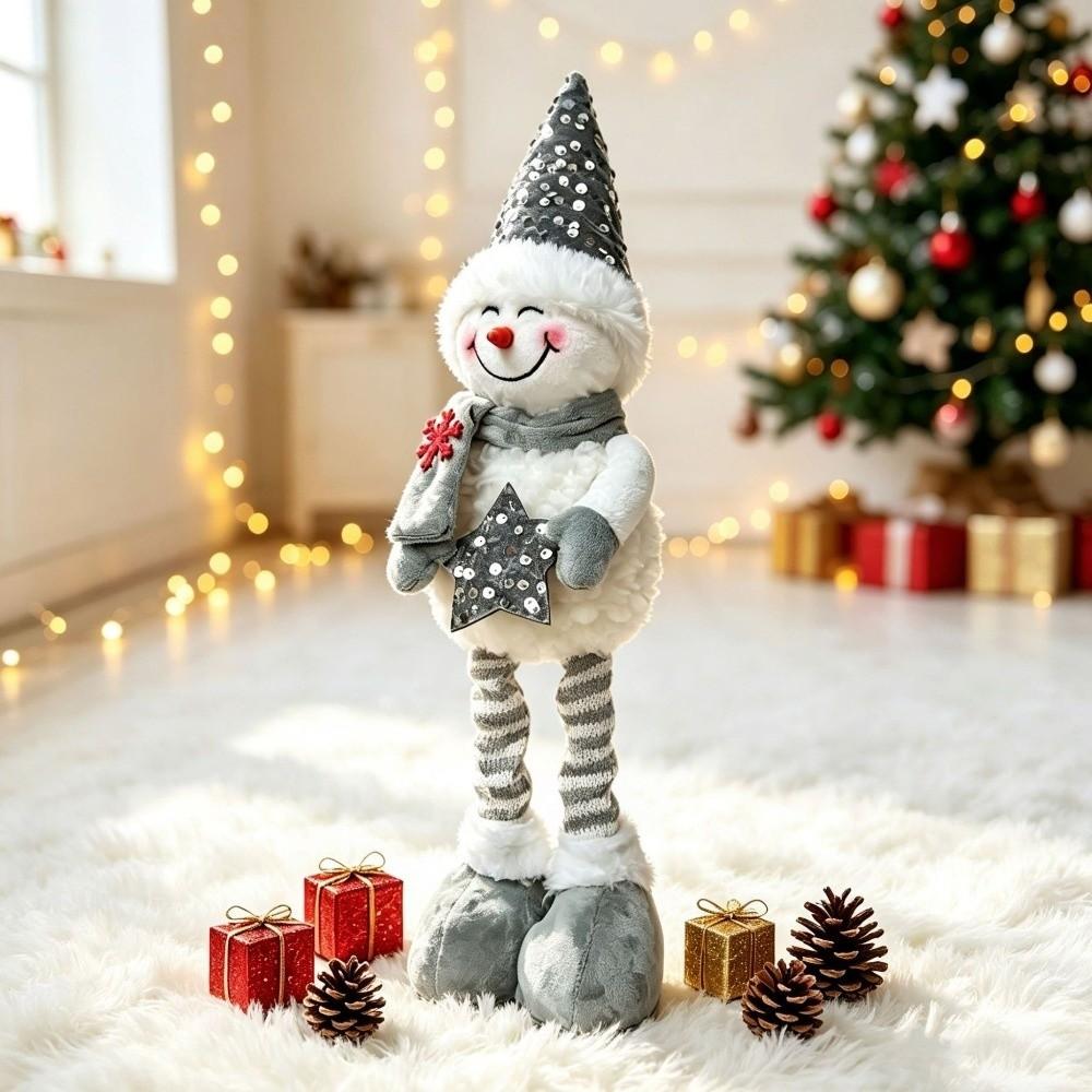 Sequined Retractable Snowman Figurine Sparkling Stretchable Christmas Standing Snowman Soft Fabric Star Christmas Snowman