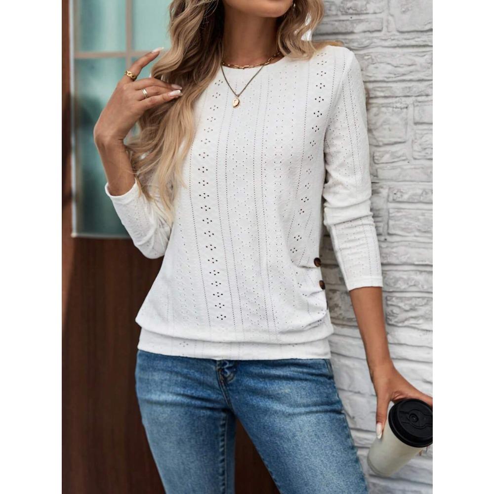 Tricou cu mânecă lungă și gât rotund, cu nasturi decorativi, la modă și versatil, casual pentru navetă.