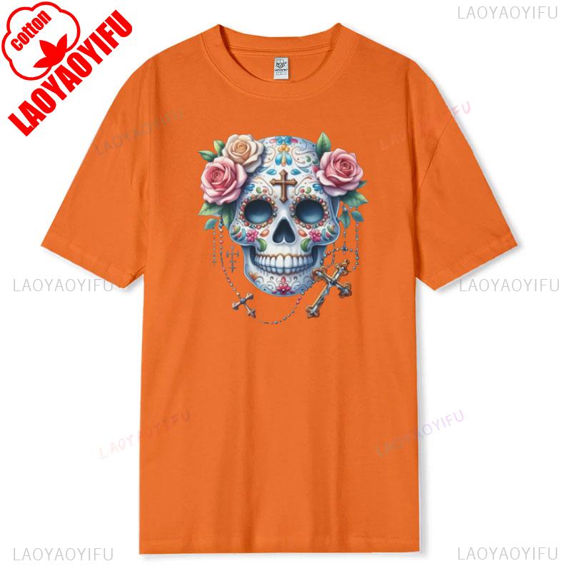 Skull Floral Print Unisex Graphic Tee for Music Lovers Streetwear Fashion Cotton Summer TShirt Short Sleeve Casual Breathable