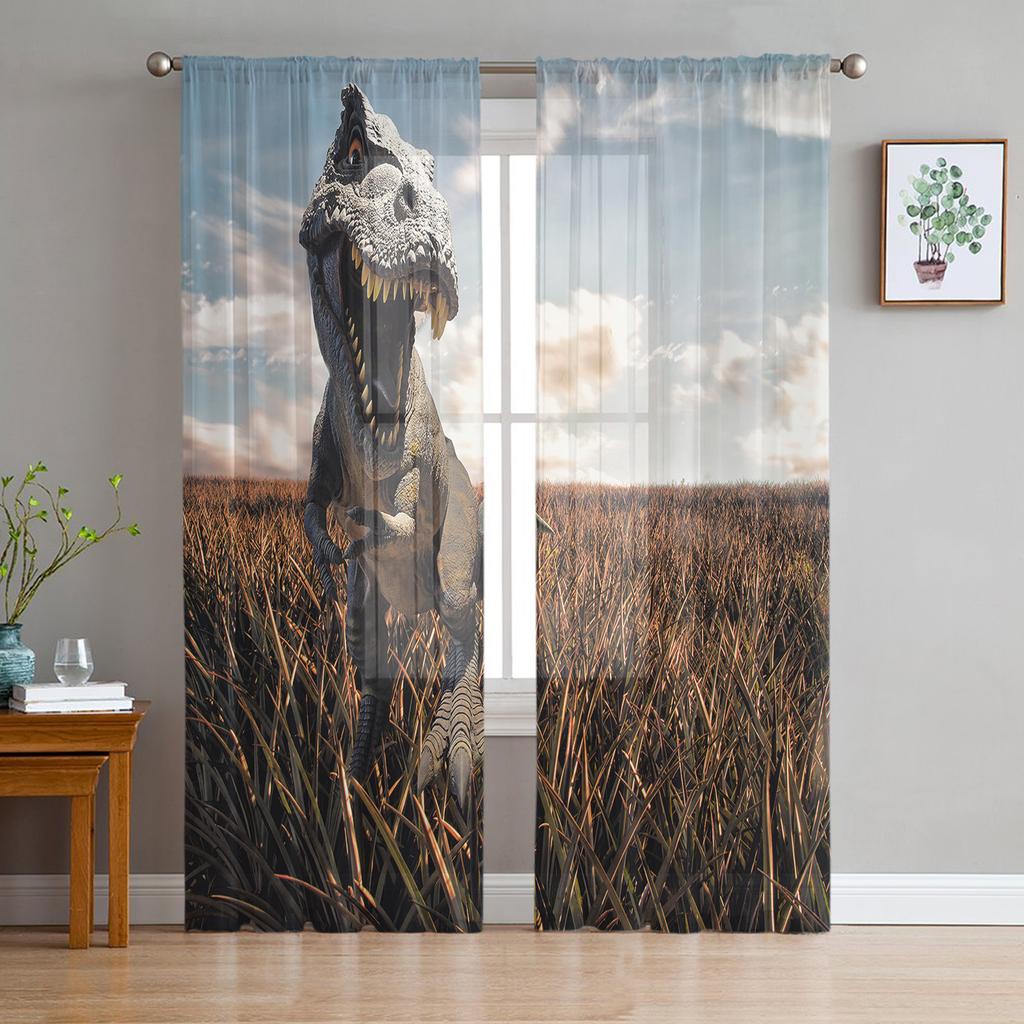 Virgin Forest Jurassic Dinosaur 3D Tulle Curtain Voile Transparent Tulle for Bedroom Living Room Kitchen Sheer Window Curtains