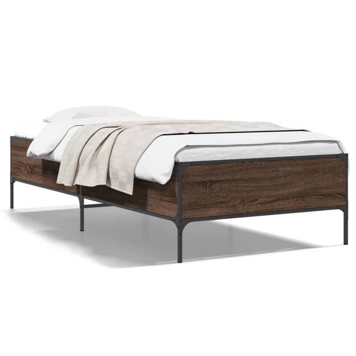 VidaXL Cadre de lit chêne marron 75x190 cm bois d'ingénierie et métal, lit, lit d’invités, lit simple, meuble de chambre à 844995
