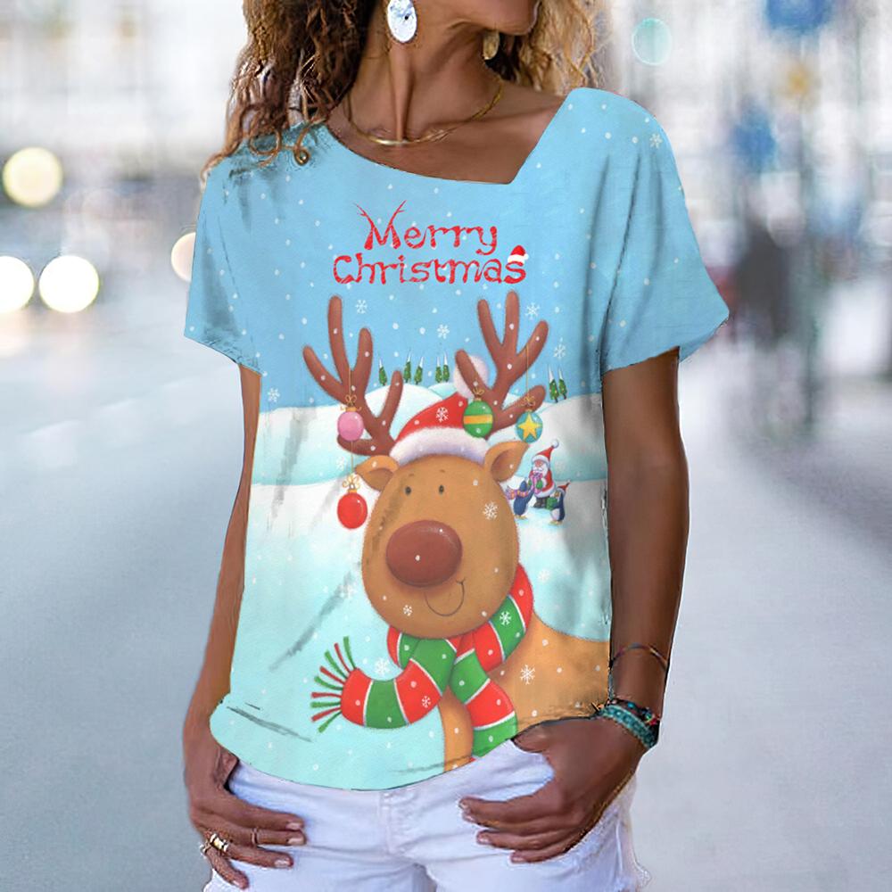 Christmas Elk Print Women's T-Shirt Kawaii Fashion Woman Clothing Oversized V-Neck Ladies Short Sleeve Tops Casual Pullover Tee