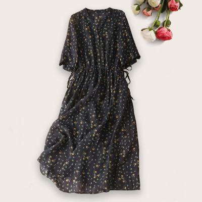V Neck 3/4 Sleeve Drawstring Waist Tight High-Waist Flowy Hem Linen Dress Floral Print Loose Midi Retro Dress Streetwear