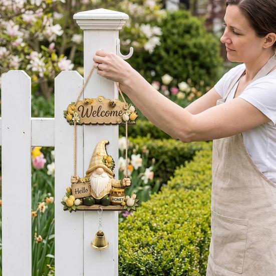 Welcoming Gift for Gardeners Wooden Gnome Door Hanger with Bell, Country Garden Welcome Sign Outdoor Hanging Swing Wall Plaque, Farmhouse Ornament