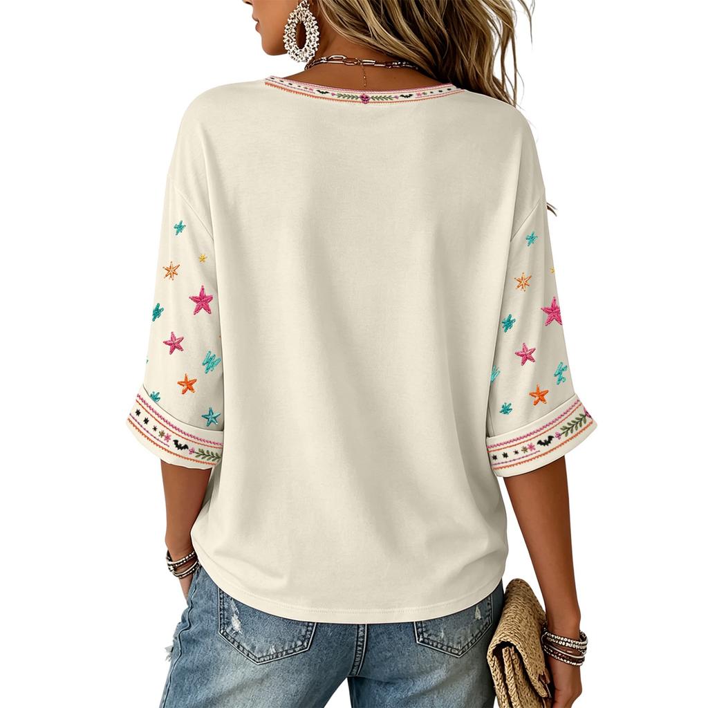 Women's V-Neck Three-Quarter Sleeve Halloween Print Top